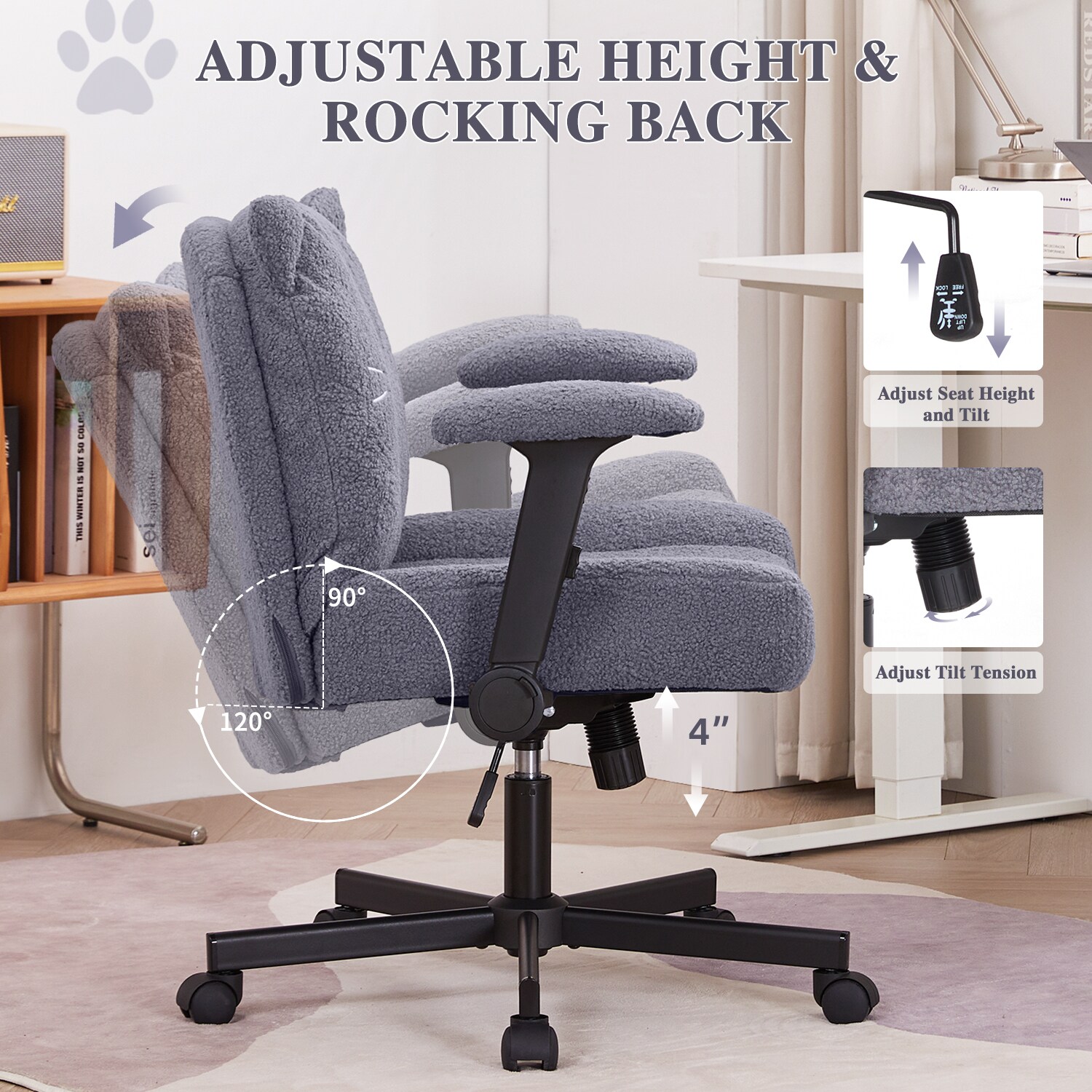 Sunchen Criss Cross Chair With Wheels And Arms, Cross Legged Office Chair With Wide Seat, Adjustable Cute Comfy Desk Chairs For Home Office, Bedroom, Vanity, Grey_maomaolike.com
